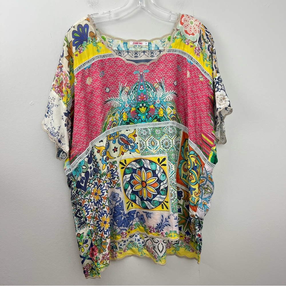 Johnny Was Silk Patchwork Print Top Oversized